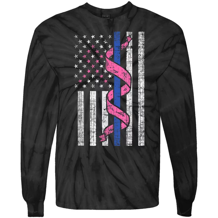 Blue Line Police Us Flag Pink Ribbon Breast Cancer Awareness Tie-Dye Long Sleeve Shirt