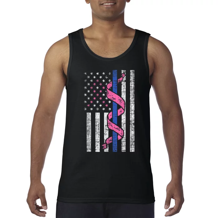 Blue Line Police Us Flag Pink Ribbon Breast Cancer Awareness Tank Top