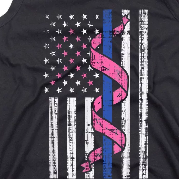 Blue Line Police Us Flag Pink Ribbon Breast Cancer Awareness Tank Top