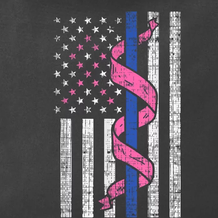 Blue Line Police Us Flag Pink Ribbon Breast Cancer Awareness Zip Tote Bag