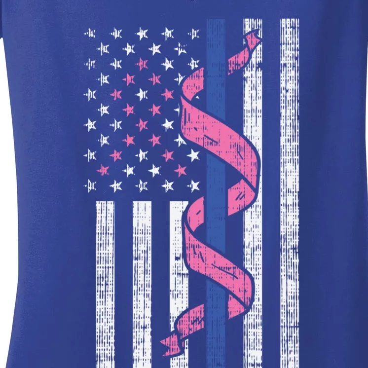 Blue Line Police Us Flag Pink Ribbon Breast Cancer Awareness Gift Women's V-Neck T-Shirt