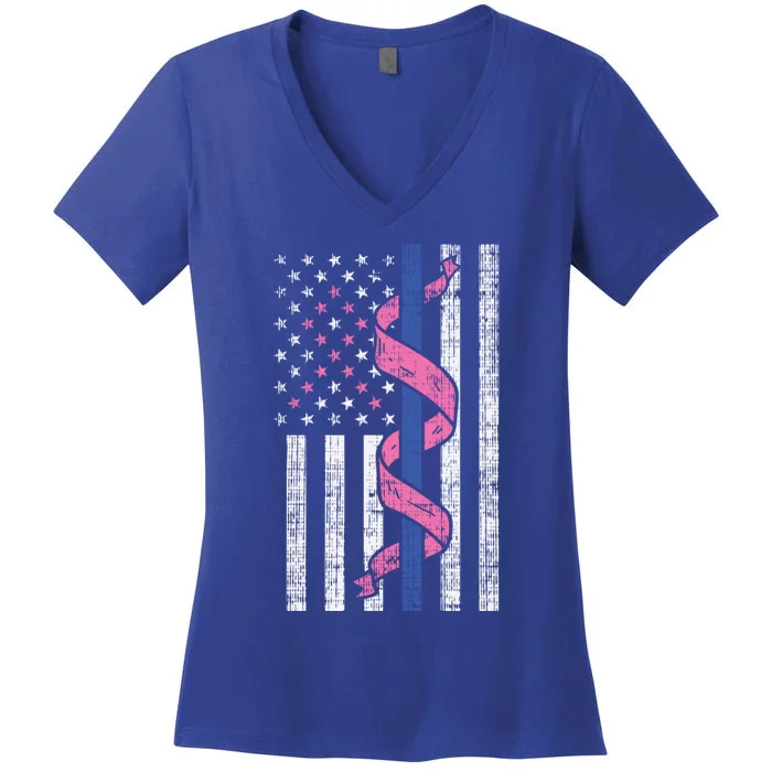 Blue Line Police Us Flag Pink Ribbon Breast Cancer Awareness Gift Women's V-Neck T-Shirt