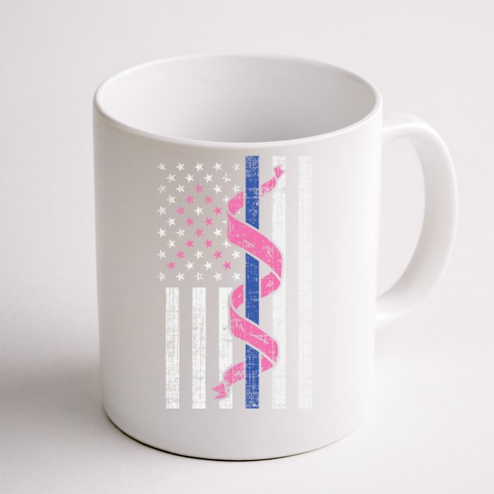 Blue Line Police Us Flag Pink Ribbon Breast Cancer Awareness Gift Front & Back Coffee Mug