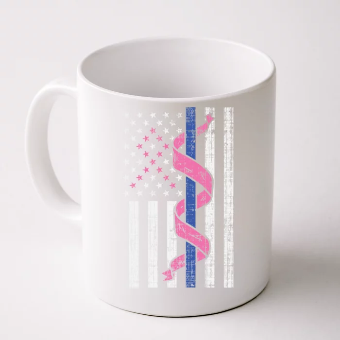 Blue Line Police Us Flag Pink Ribbon Breast Cancer Awareness Gift Front & Back Coffee Mug