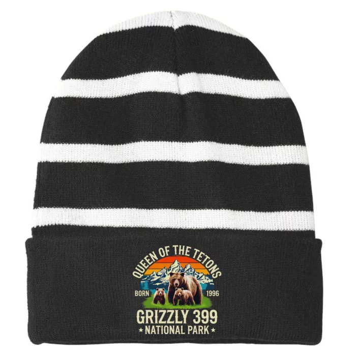 Bear Lovers Queen Of The Tetons Grizzly 399 National Park Striped Beanie with Solid Band