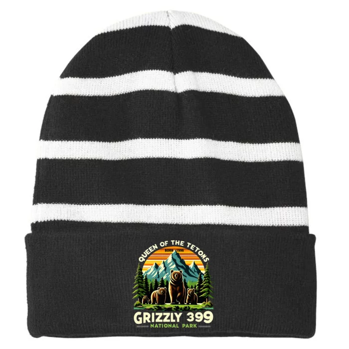 Bear Lovers Queen Of The Tetons Grizzly 399 National Park Striped Beanie with Solid Band