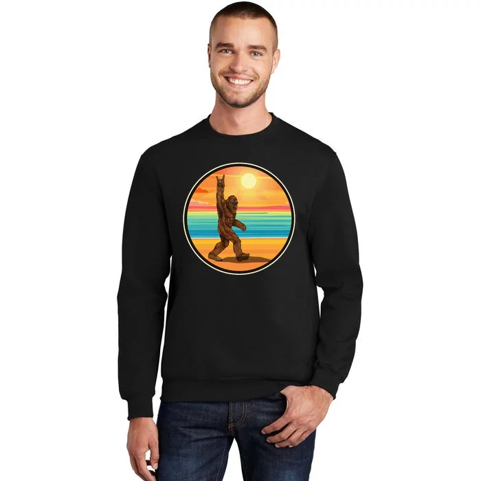 Bigfoot Loves Rock And Roll Sunglasses Walking On The Beach Tall Sweatshirt