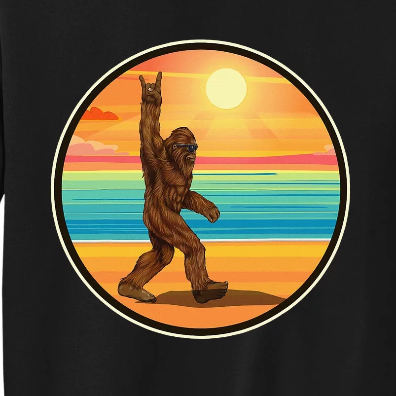 Bigfoot Loves Rock And Roll Sunglasses Walking On The Beach Tall Sweatshirt