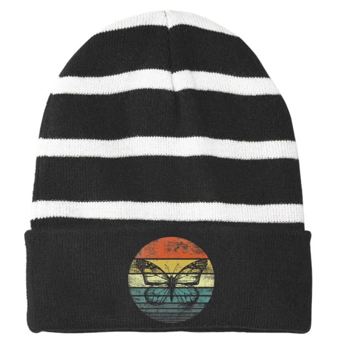 Butterfly Lover Retro Sunset Insect Monarch Entomology Striped Beanie with Solid Band