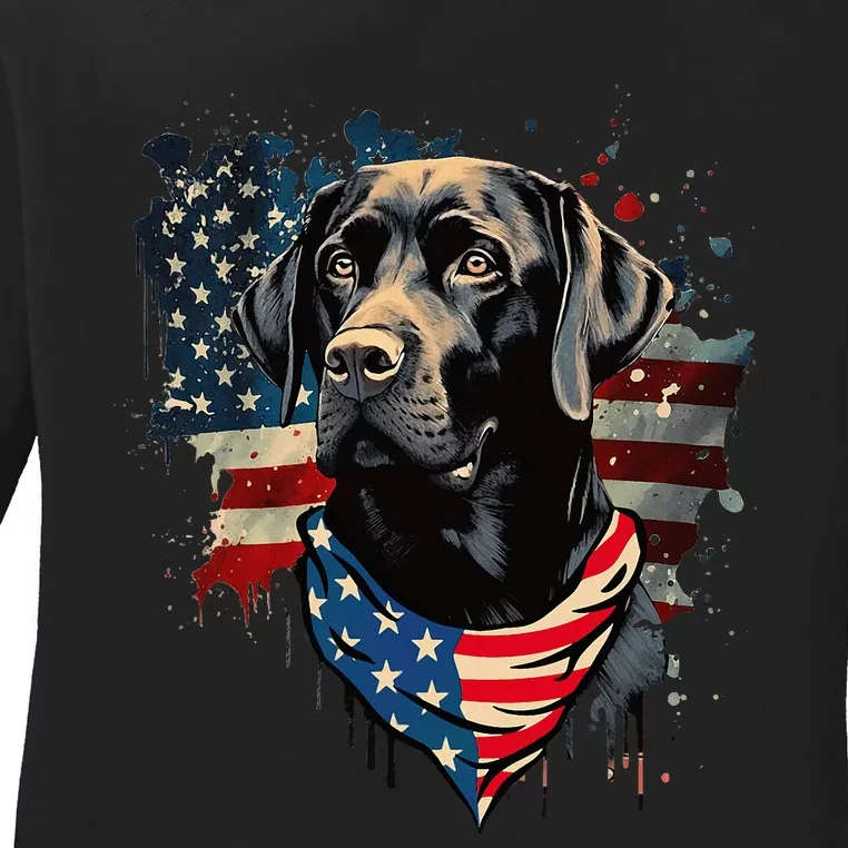 Black Labrador Retriever USA Flag Lab Dog Lover Gifts Ladies Long Sleeve Shirt