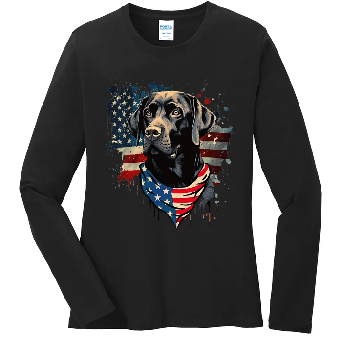 Black Labrador Retriever USA Flag Lab Dog Lover Gifts Ladies Long Sleeve Shirt