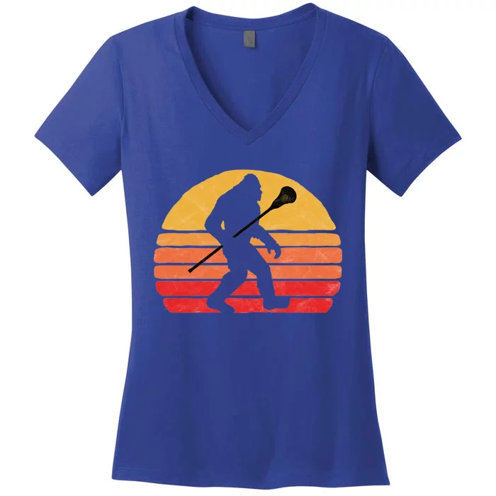 Bigfoot Lacrosse Stick Vintage Surf Sun Funny Lax Gift Women's V-Neck T-Shirt