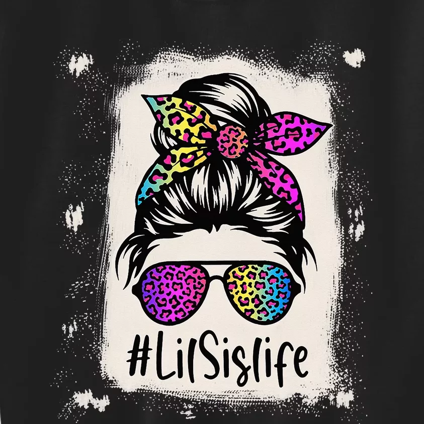 Bleached Lil Sis life Messy Bun Rainbow Leopard Mother's Day Kids Sweatshirt