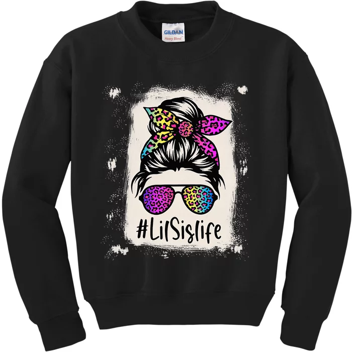 Bleached Lil Sis life Messy Bun Rainbow Leopard Mother's Day Kids Sweatshirt