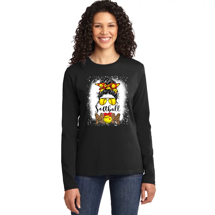 Bleached Leopard Softball Mom Game Day Messy Bun Mothers Day Ladies Long Sleeve Shirt