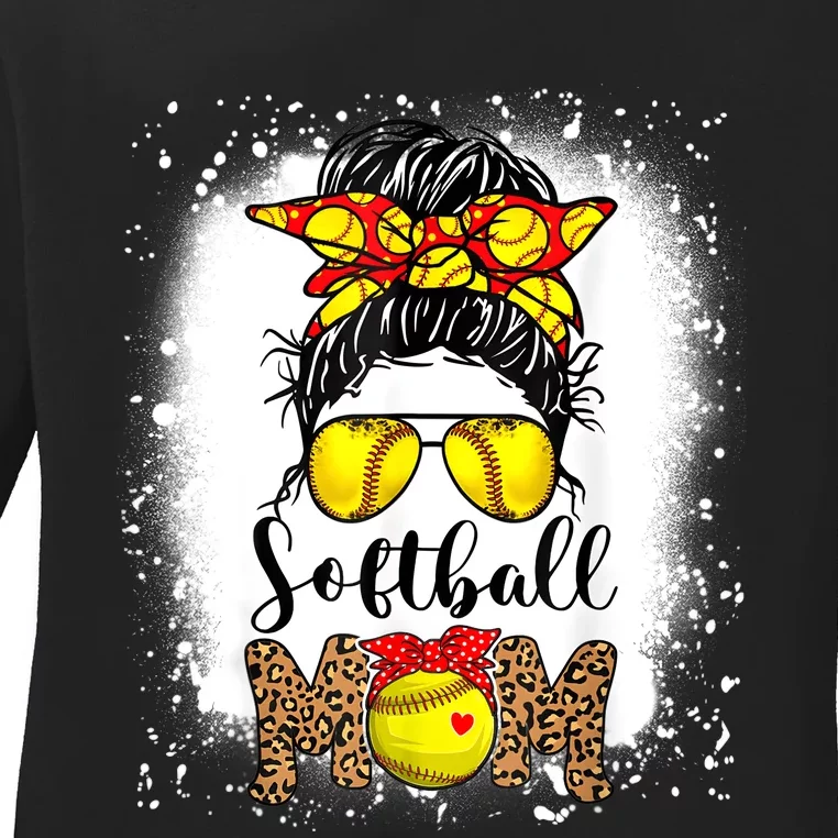 Bleached Leopard Softball Mom Game Day Messy Bun Mothers Day Ladies Long Sleeve Shirt