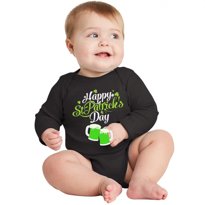 Beer Lucky Shamrock Happy St Patricks Day Green Baby Long Sleeve Bodysuit