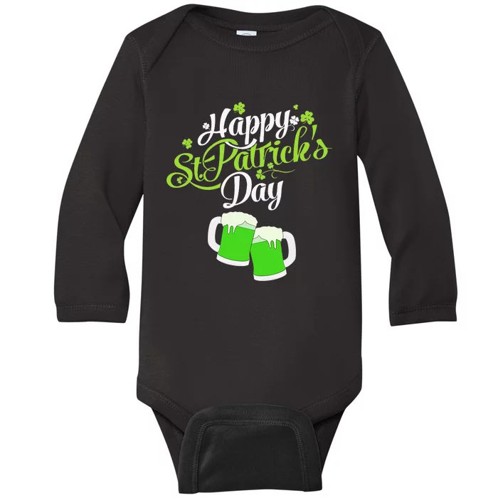 Beer Lucky Shamrock Happy St Patricks Day Green Baby Long Sleeve Bodysuit