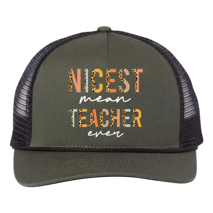 Boho Leopard Teacher Day Funny Nicest Mean Teacher Ever Retro Rope Trucker Hat Cap