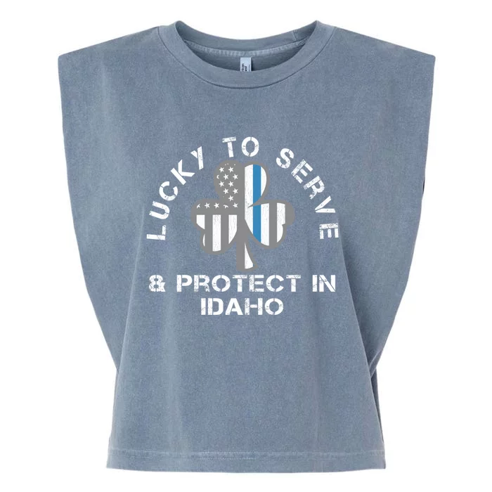 Blue Line Us Flag Gift Idaho Police St Patricks Day Great Gift Garment-Dyed Women's Muscle Tee