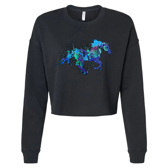 Blue Horse Running Cropped Pullover Crew