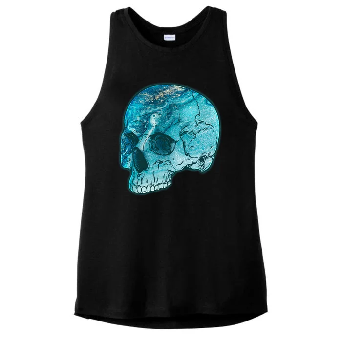 Blue Marble Patterned Skull Ladies Tri-Blend Wicking Tank