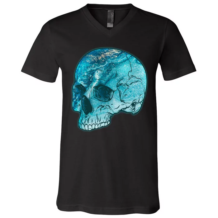 Blue Marble Patterned Skull V-Neck T-Shirt