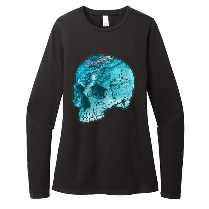 Blue Marble Patterned Skull Womens CVC Long Sleeve Shirt