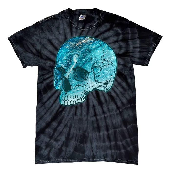 Blue Marble Patterned Skull Tie-Dye T-Shirt