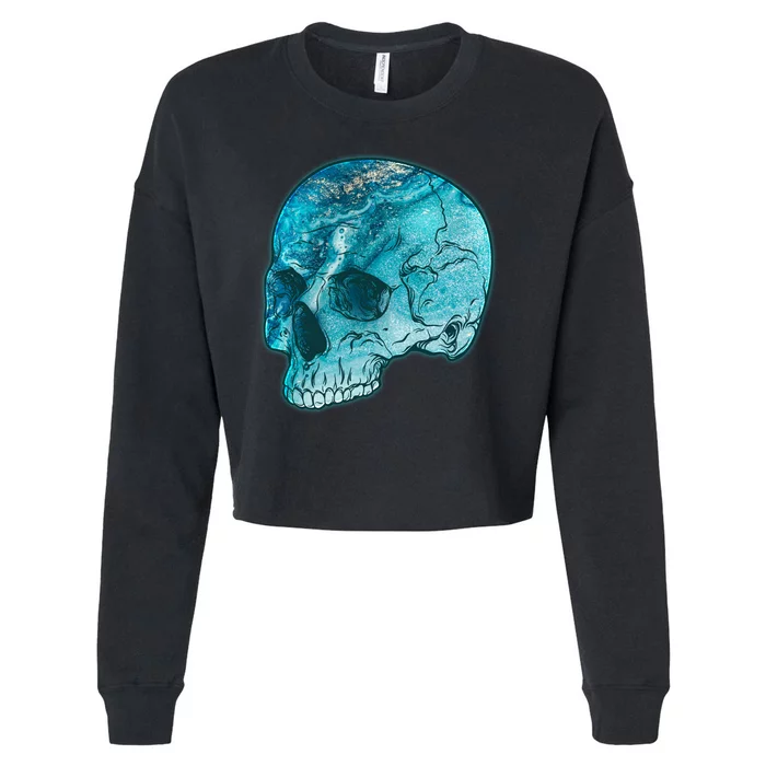 Blue Marble Patterned Skull Cropped Pullover Crew