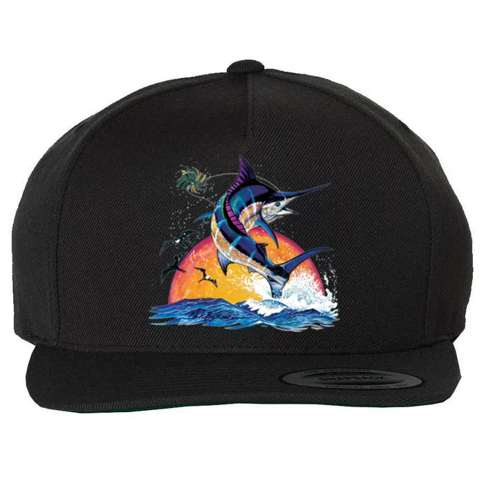 Blue Marlin Fish Sunset Wool Snapback Cap