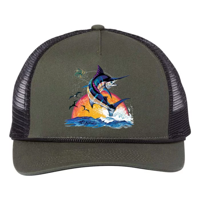 Blue Marlin Fish Sunset Retro Rope Trucker Hat Cap