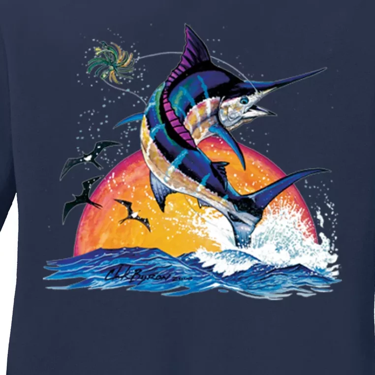 Blue Marlin Fish Sunset Ladies Long Sleeve Shirt