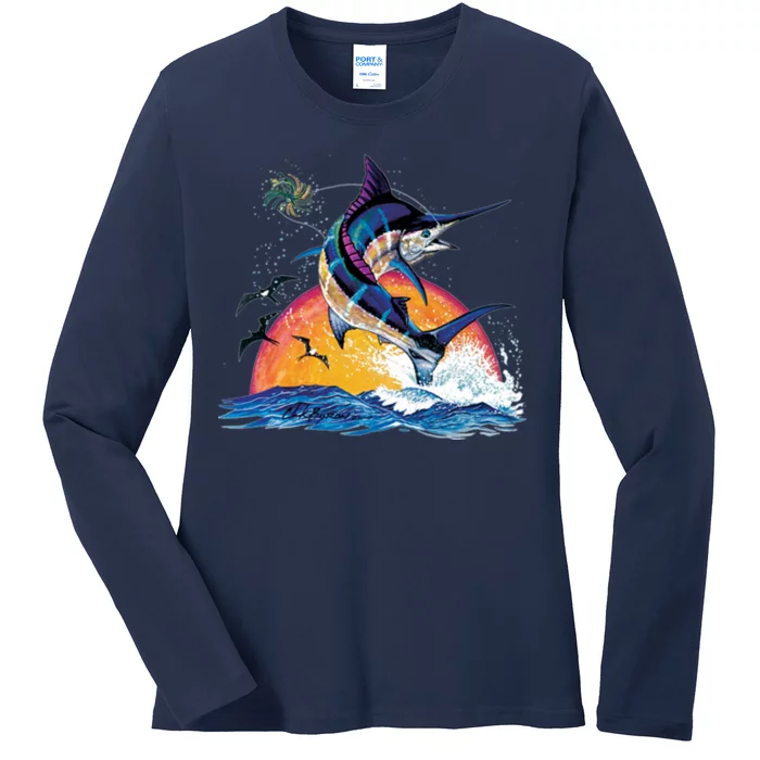 Blue Marlin Fish Sunset Ladies Long Sleeve Shirt