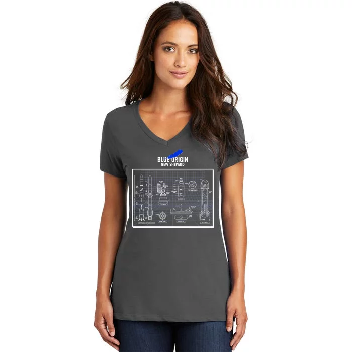 Blue Origin New Shepard Spaceship Blueprints Women's V-Neck T-Shirt