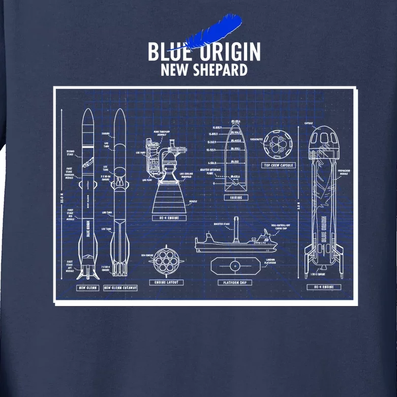 Blue Origin New Shepard Spaceship Blueprints Kids Long Sleeve Shirt