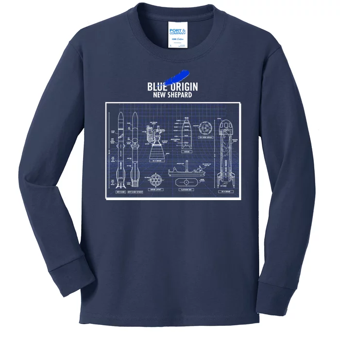 Blue Origin New Shepard Spaceship Blueprints Kids Long Sleeve Shirt