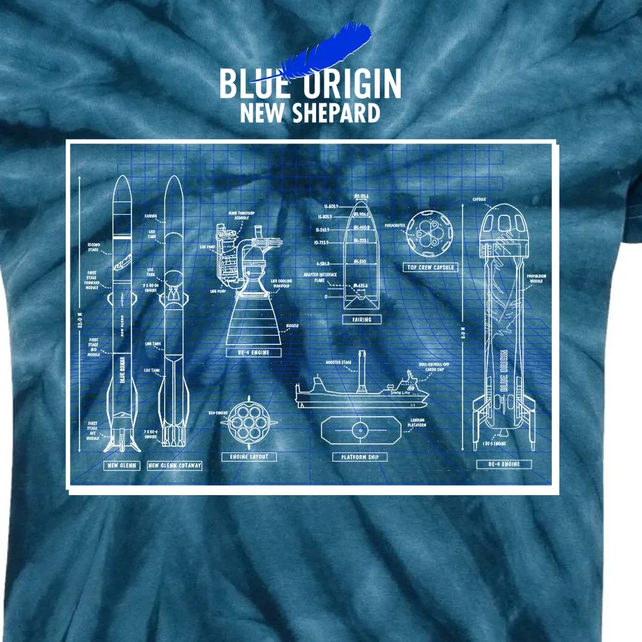 Blue Origin New Shepard Spaceship Blueprints Kids Tie-Dye T-Shirt