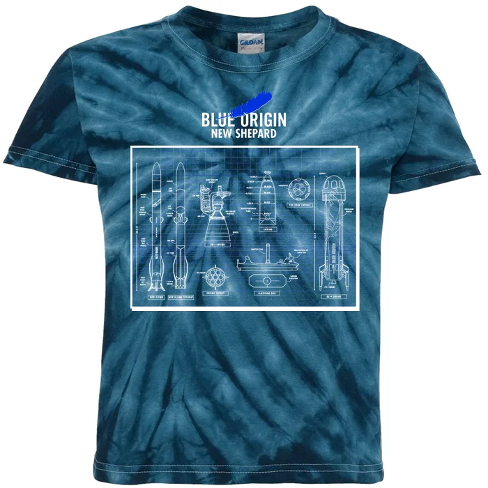 Blue Origin New Shepard Spaceship Blueprints Kids Tie-Dye T-Shirt