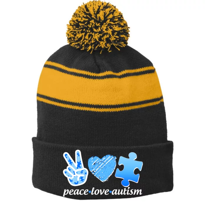 Blue Peace Love Autism Stripe Pom Pom Beanie