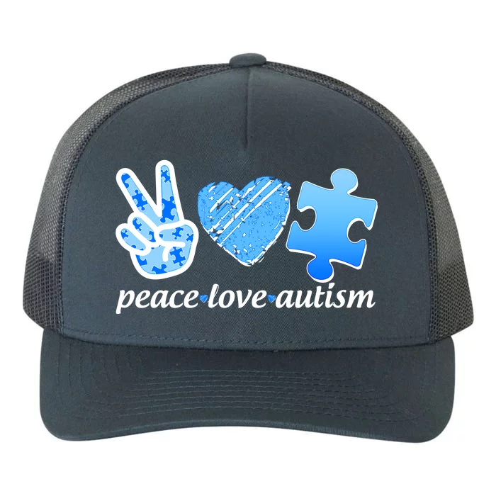 Blue Peace Love Autism Yupoong Adult 5-Panel Trucker Hat