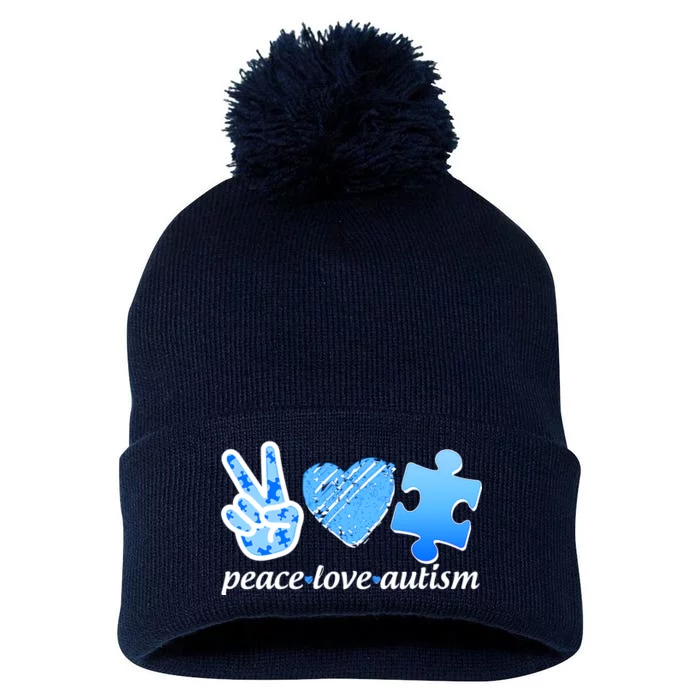 Blue Peace Love Autism Pom Pom 12in Knit Beanie