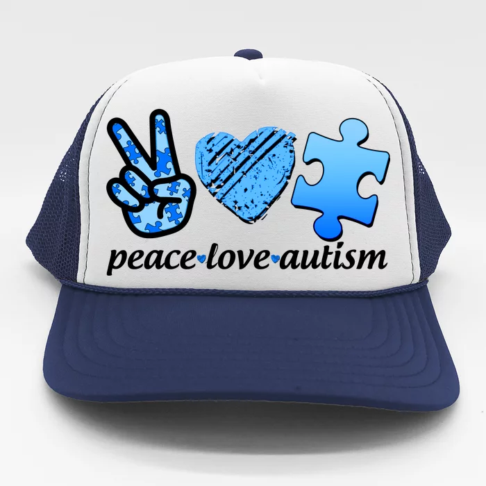 Blue Peace Love Autism Trucker Hat