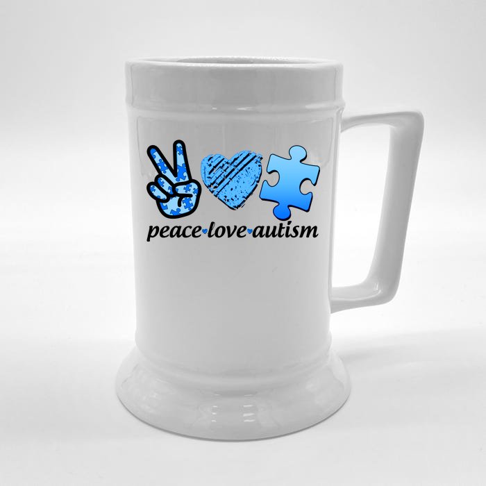 Blue Peace Love Autism Front & Back Beer Stein