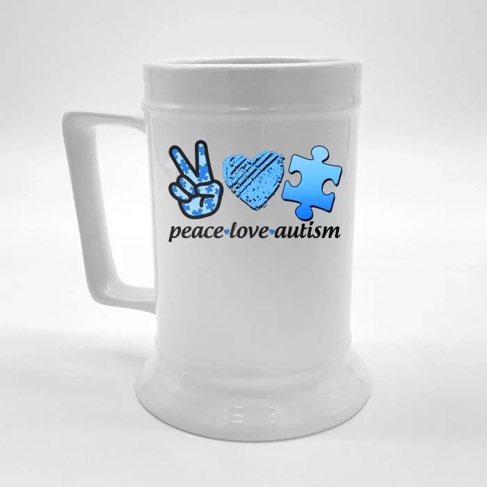 Blue Peace Love Autism Front & Back Beer Stein