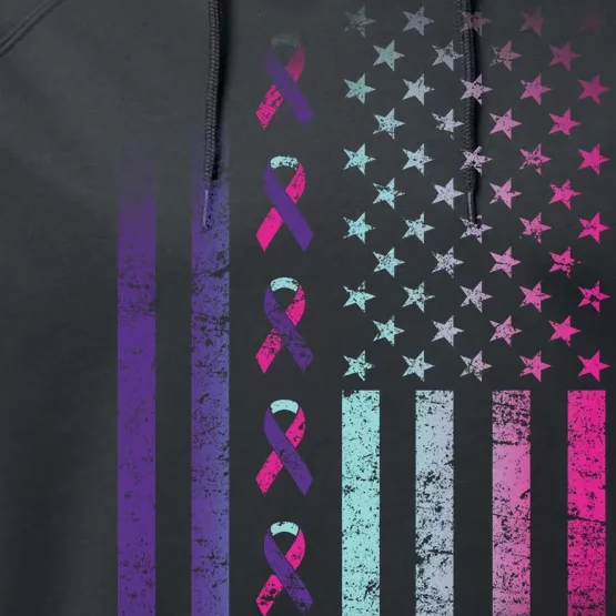 Blue Pink Teal Ribbon Flag Thyroid Cancer Awareness Performance Fleece Hoodie