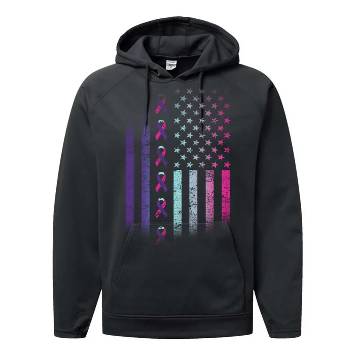 Blue Pink Teal Ribbon Flag Thyroid Cancer Awareness Performance Fleece Hoodie