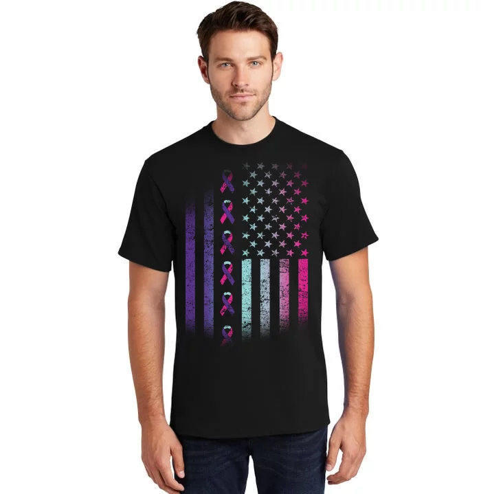 Blue Pink Teal Ribbon Flag Thyroid Cancer Awareness Tall T-Shirt