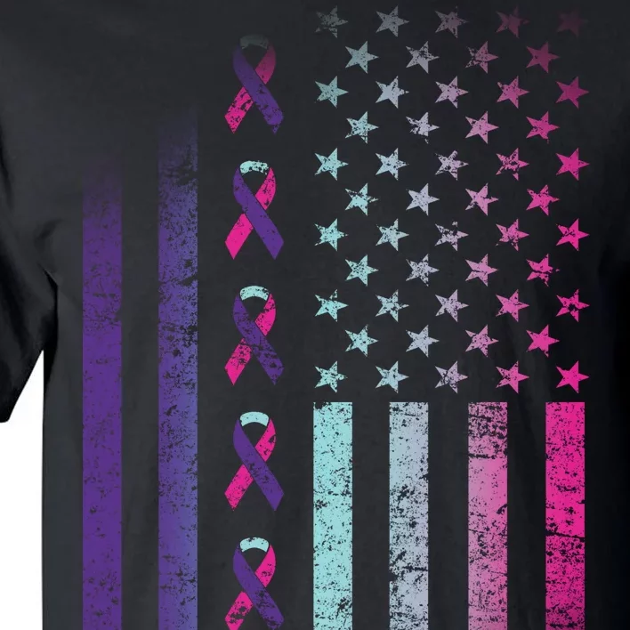 Blue Pink Teal Ribbon Flag Thyroid Cancer Awareness Tall T-Shirt