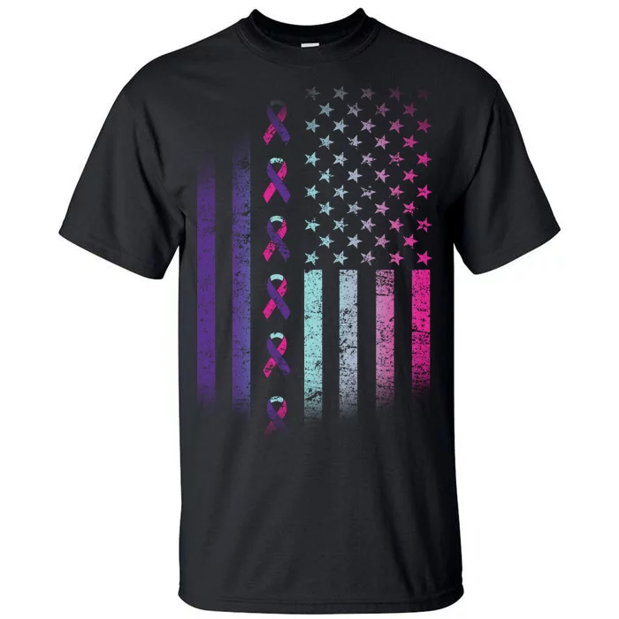 Blue Pink Teal Ribbon Flag Thyroid Cancer Awareness Tall T-Shirt